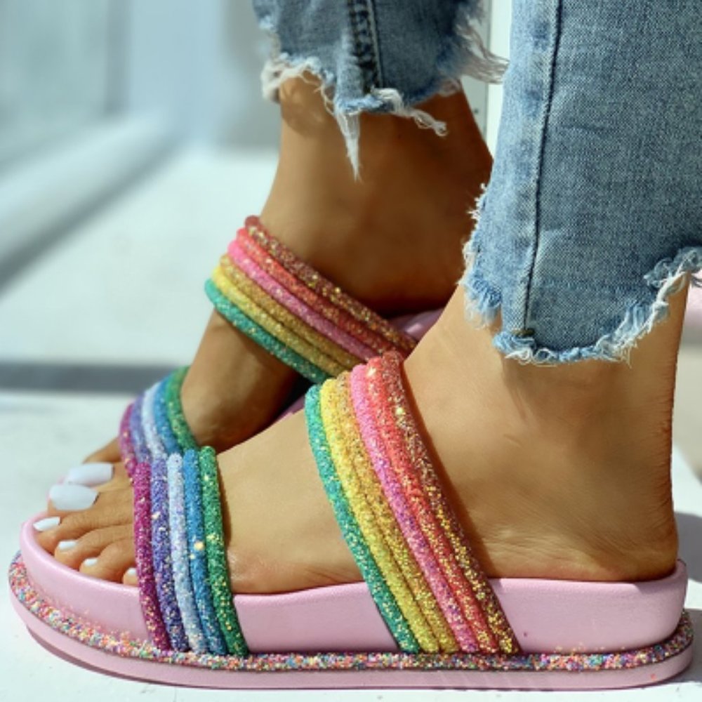 Rainbow Striped Open Toe Flat Slipper